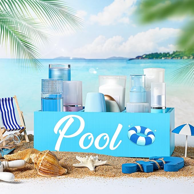 CroBlissful Pool Storage Basket Blue Summer Wooden Box with 3 Compartments Toilet Tank Tray for Indoor Outdoor Swimming Pool Decor Sunblock Sunglasses Beach Toy Storage Box