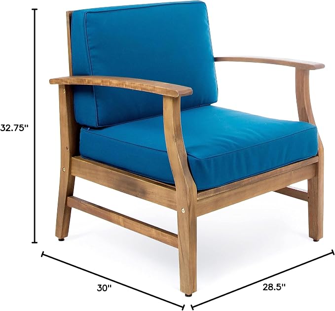 Christopher Knight Home Perla Outdoor Acacia Wood Club Chairs with Water Resistant Cushions, 2-Pcs Set, Teak Finish / Blue