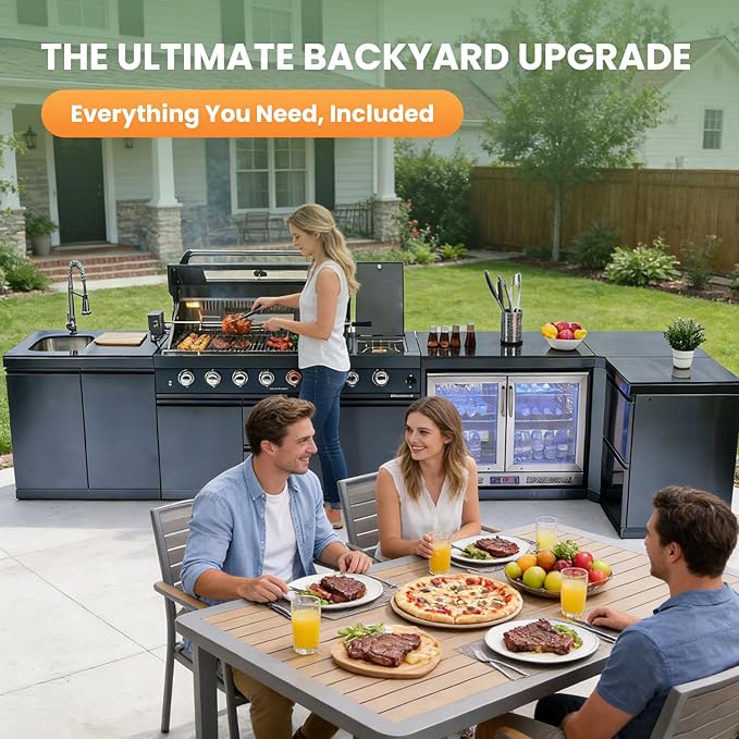 Outdoor Kitchen Island,Gas Grill with Standalone Side Burner Island, 96,000 BTU BBQ Grill with Infrared Burner, Refrigerator,Granite Countertop, Grill Cart & Storage Drawers (Black+153in)