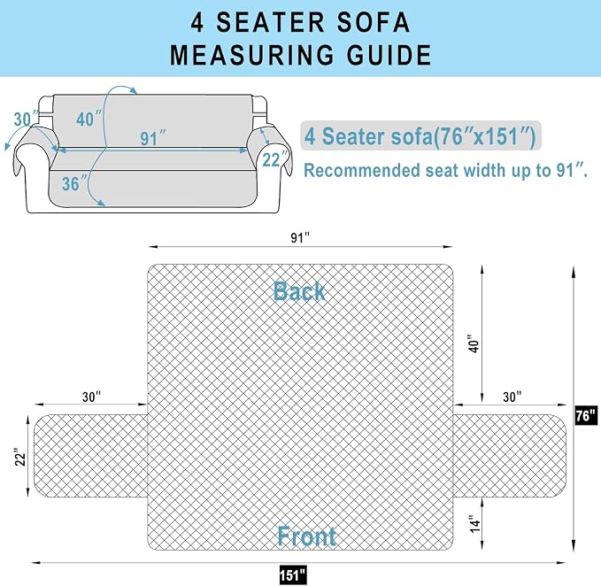 Reversible 4 Seater Sofa Cover 91" Large, Sofa, Blue/Beige | Couch Cover Furniture Protector with Foam Sticks Elastic Straps Furniture Protector for Pets Children Dog Cat