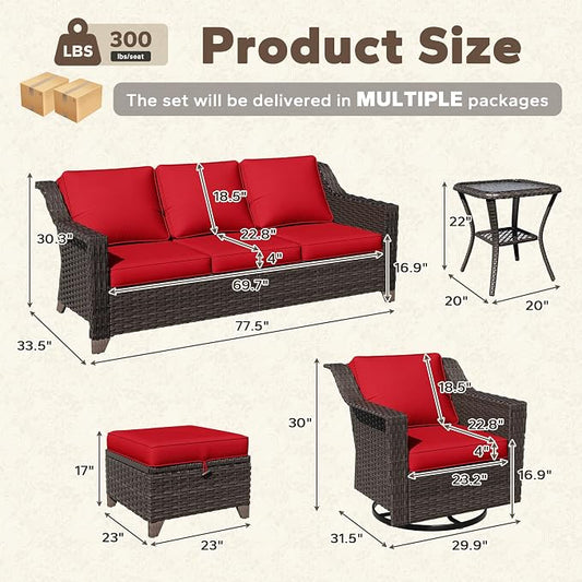 11 Pieces Patio Conversation Furniture Set - 1 Sofa, 4 Ottomans, 4 Swivel Chairs, 2 Side Tables, Outdoor Wicker Furniture with Removable Cushions for Porch, Balcony, Sunroom (Red)