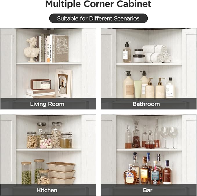 Vabches Tall Corner Cabinet, Corner Bathroom Cabinet, 67" Farmhouse Storage Cabinet with 4 Doors and Adjustable Shelves, Home Space Saver for Bathroom, Kitchen, Living Room, Pantry, Distressed White