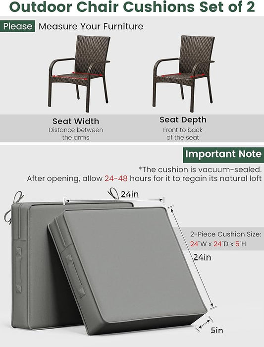 Outdoor Chair Cushion 24 x 24 x 5 Inches Patio Furniture Outdoor Waterproof Seat Cushion, Patio Chair Cushion with Handles and Ties, Square Dining Chair Cushion Set of 4, Light Grey