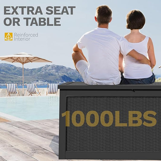 DWVO 320 Gallon Resin Outdoor Storage Box, XXL Large Waterproof Deck Box, Doubles as Table or Seating with 1000 lbs Capacity, Lockable (Black)