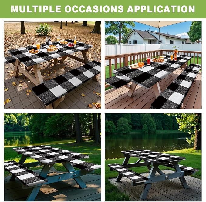 FOREVER QUEEN Picnic Table Cover with Bench Covers 72in,Waterproof Windproof Fitted Tablecloth,Black White Buffalo Plaid Camping Essentials with Drawstring Bag for Patio,Park & Backyard