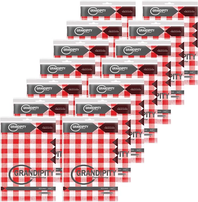 Grandipity 12 Pack Premium Disposable Plastic Picnic Tablecloth 84" Inch Decorative Round Table Cover - Red Checkered Gingham