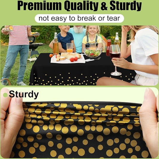 Smiry Disposable Table Cloth - 6 Pack, 54 x 132 Inch Waterproof Rectangle Tablecloths for Parties, Decorative Plastic Table Cover, Leakproof & Sturdy, Black & Gold