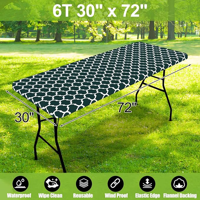 Smiry Picnic Fitted Table Cover, 6 Foot Flannel Backed Vinyl Tablecloth | Waterproof Elastic Stretch Table Cloth, Wipeable Plastic Tablecloth for Camping, Indoor & Outdoor (Hunter Green, 30" x 72")