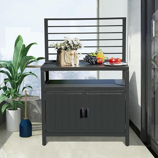 Domi Outdoor Kitchen Island with Storage, Aluminum Kitchen Storage Island with Wall Hanging, Freestanding Grill Storage Cabinet with Protective Cover for BBQ, Deck, Patio, Backyard