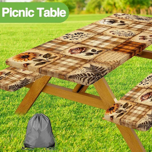Vintage Floral Picnic Table Cover with Bench Covers, Retro Sunflower Rose Buffalo Plaid Patchwork Waterproof Fitted Tablecloth for 6 Foot Outdoor Wooden Picnic Table
