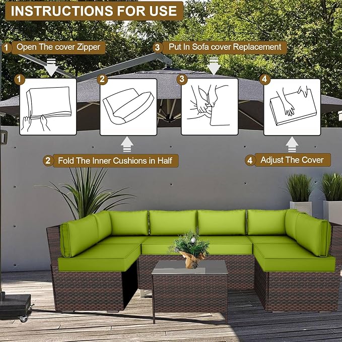 14 Piece Outdoor Patio Cushion Cover Replacement, Waterproof Patio Cushion Covers, Outdoor Furniture Cushion Covers Set for 6 Seat Wicker Rattan Sofa (Grass Green)