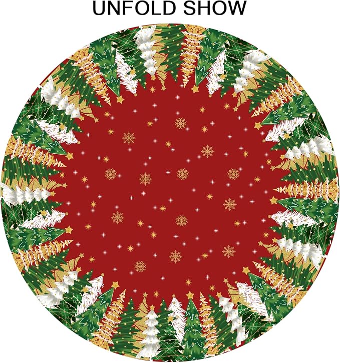 Sweetshow Xmas Trees Red Tablecloth 60 Inch Decor | Winter Gold Snowflake Table Cloth Round Washable Stain and Wrinkle Resistant Round Table Cover for Dining Picnic