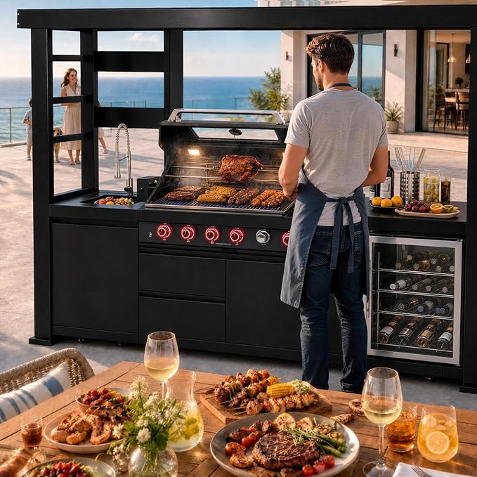 97.2" 4-Burner Modular Outdoor Kitchen Island, 72000 BTU Propane Gas Grill | Side Stove, Rear Infrared, Galvanized Steel Roof, Granite Countertop, Fridge, 360° Pull-Out Faucet,304 Sink, Rotisserie