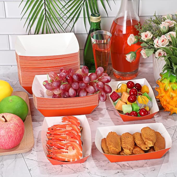 100 Pcs 2lb Paper Food Trays Boat Nacho Boats for Hot Dogs, Orange | Grease-Resistant, Disposable Kraft Paper Boat for Tacos Concession, Food Trucks, Birthday, Wedding, Christmas, Halloween