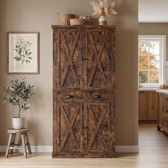 IRONCK 72.6" H Farmhouse Kitchen Pantry with Drawer, Vintage Brown | Freestanding Storage Cabinet with Adjustable Shelves & X-Design Doors, Large Floor Cupboard for Kitchen, Dining Room