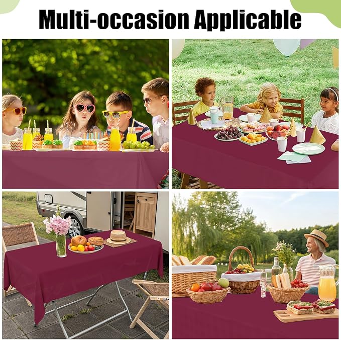 Smiry Disposable Table Cloth 3 Pack, 54 x 108 Inch Waterproof Plastic Tablecloth, Decorative Rectangle Table Covers for Party, Birthday, Picnic, Wine Red