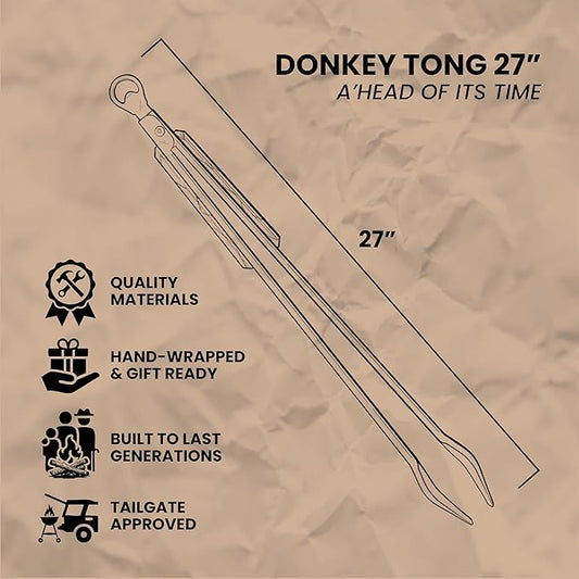 Donkey Tong 27" Long BBQ Tongs - Heavy Duty Grill Tongs for Grilling, Smoking, Charcoal & Outdoor Cooking | Handmade Stainless Steel Meat Tongs with Oak Handles | Fathers Day Gift for Grill Masters