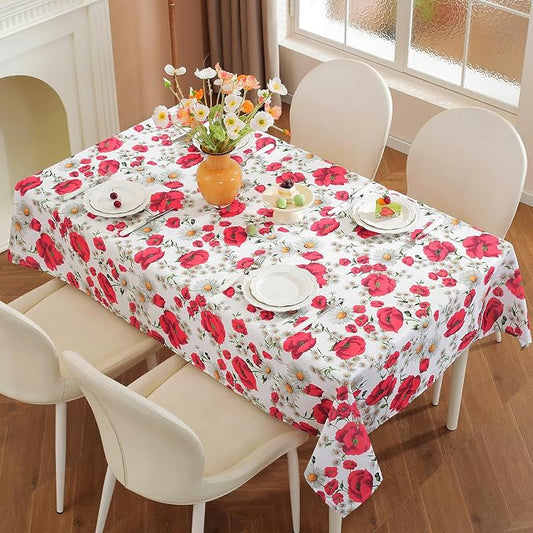 SASTYBALE Spring Summer Tablecloth, Red Floral, 60 x 102 Inches | Reusable, Wrinkle Resistant, Washable ,Texture Fabric Polyester, Indoor & Outdoor, Picnic, Patio, Fits 8-10 Seats