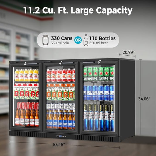 Back Bar Cooler with 3 Glass Door, 11.2 Cu.Ft Commercial Beverage Fridge, Under Counter Display Refrigerator with Safety Lock for Beer, Soda, Wine, Built-In/Freestanding for Bar Store Restaurant