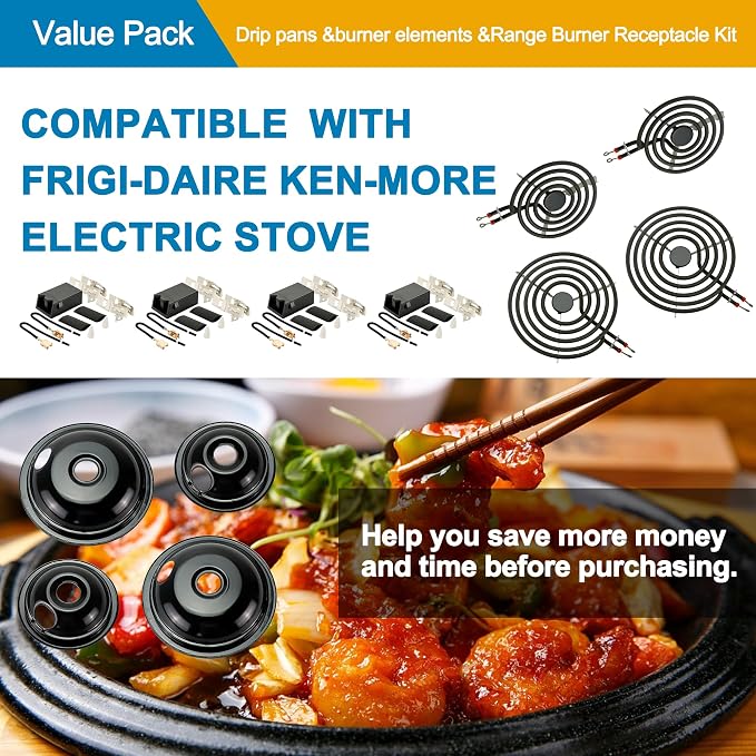 Porcelain Drip Pans & MP22YA Burner Element Set & 330031 Receptacle Kit Compatible with Frigi-daire Cro-sley Tap-pan Ken-more, Include 2 6" & 2 8" Black Drip Pans and Stove Burner, 4 Receptacle kit