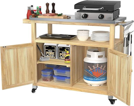 GDLF Outdoor Storage Cabinet Wood Outdoor Kitchen Prep Grill Table with Stainless Steel Top Waterproof Cover (Natural Wood Color)