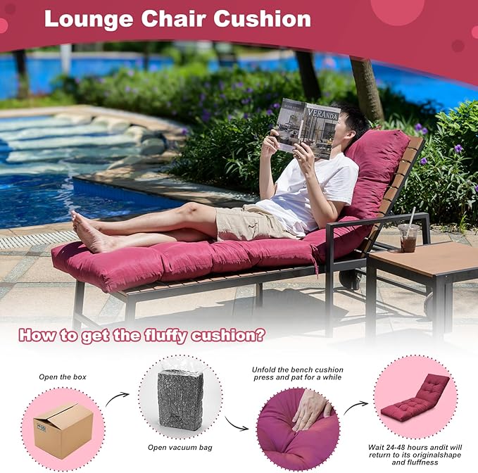 Outdoor Lounge Chair Cushions, 74.4 x 22 x 4.8 Inches Waterproof Fade Resistant Patio Cushion for Chaise Lounger (Wine Red)