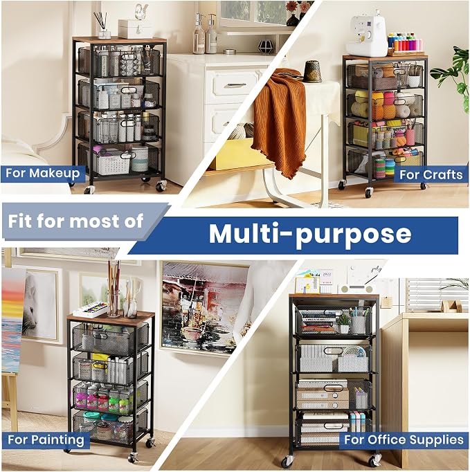 Goovilla Kitchen Cart with Drawers, Lockable Wheels with Wooden Top, Black | 4 Tier Metal Rolling Utility Cart Organizer, Fruit Vegetable Storage Rack Also for Cans, Snack, Craft, Art, Office, Beauty