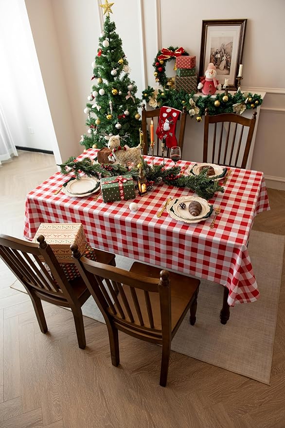Waterproof Plaid Tablecloth Fabric - Square 25x25 Inch Classic Gingham Checker Buffalo Table Cover for BBQs, Parties