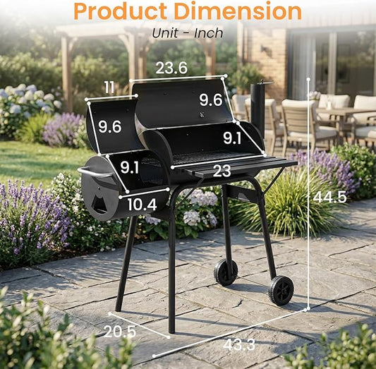 Dopinmin BBQ Charcoal Grill, Outdoor Heavy Duty Cooker oven Barbecue Grill with Offset Smoker & Thermometer, Wheels and Tray for Patio Balcony Picnics, Party and Camping