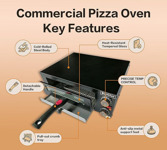 Electric Pizza Oven Indoor,12 inch Countertop Pizza Maker with Viewing Window,Stainless Steel Commercial Pizza Oven, Removable Handle,Dual Baking Trays and Oven Mitts