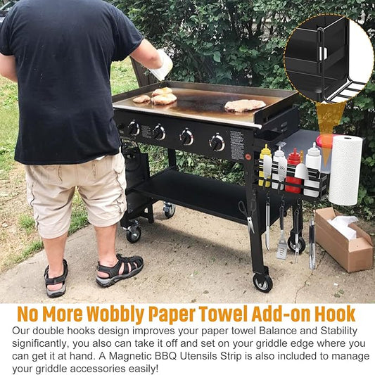 3-in-1 Stainless Steel Griddle Caddy with Magnetic BBQ Utensil Strip and Paper Towel Holder for 28"/36" Blackstone Griddles,Space Saving BBQ Accessories Storage Box,Easy install&Free from Drill