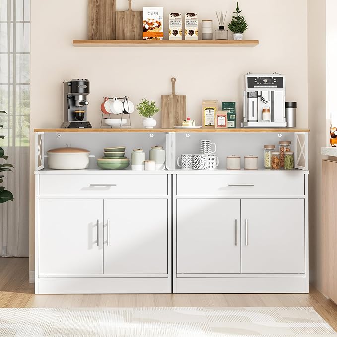 Shintenchi Kitchen Buffet Cabinet with Adjustable Shelf, Modern Kitchen Storage Cabinet,Farmhouse Coffee Bar Cabinet(White)