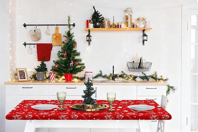 Smiry Rectangle Christmas Table Cloth, Waterproof Elastic Fitted Tablecloths for 8 Foot Tables, Washable Polyester Table Cover for Christmas Dinner (Snowflower, 30"x96")