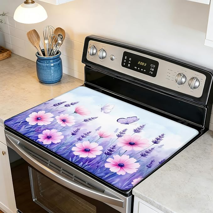 Purple Flowers Stove Top Covers for Electric Stove,Spring Floral Butterfly Glass Top Stove Cover, Heat Resistant Range Covers for Electric Stove,Washable Countertop Mat, 28 x 20 Inch