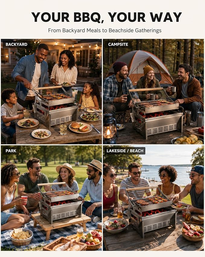 PYY Upgraded 360° Rotating Barbecue Grill Outdoor Rotating BBQ Grill | Easy Flip Grill, Heat-Resistant Wooden Handle, Thickened SUS Food Grade Mesh, Adjustable Height Grill & Charcoal Tray