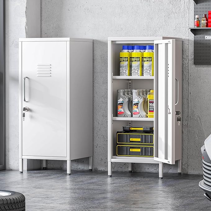 Metal Locker Cabinet, 35.4" H Home Office Storage Lockers, Vertical Steel Storage Cabinet with Locking Door and 2 Adjustable Shelves, Garage Tool File Cabinets for Home Office,Garage,Bathroom,White