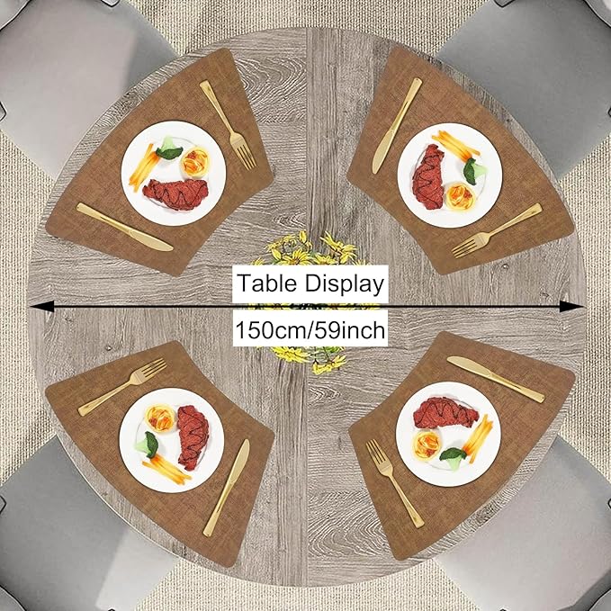 Round Table Placemats Set of 4, Faux Leather Wedge Shape Place Mats Heat Resistant Wipeable Washable Table Mats, Heavy Duty Kitchen Dining Mats(brown)