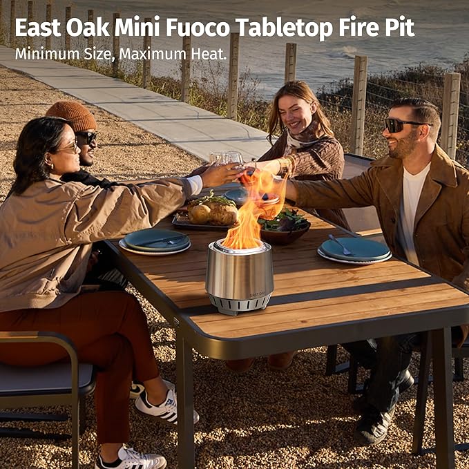 East Oak Fuoco Smokeless Fire Pit 7'' for Patio and Outdoor, 3-in-1 Ash Pan | Portable Wood & Pellet Tabletop Firepit | Stainless Steel 120% More Efficient Burn | Easy Ignition & Compact Design