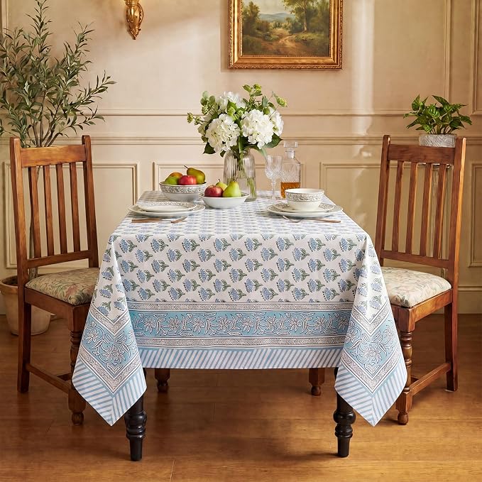 Block Print Tablecloth, 60 x 60 inch Fabric Square Table Cover Flower Table Cloth for Mahjong Weddings Spring Summer and Barbeque Farmhouse Dining Dinner Tablecloth(Style A,Blue)