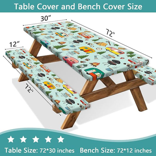 Camping Picnic Table Cover with Bench Covers and Bag, Camping Essentials, Waterproof Windproof Fabric, Fitted Tablecloth Cover with Elastic Edge, for Indoor & Outdoor, Garden, 3 PCS, 30x72 Inch