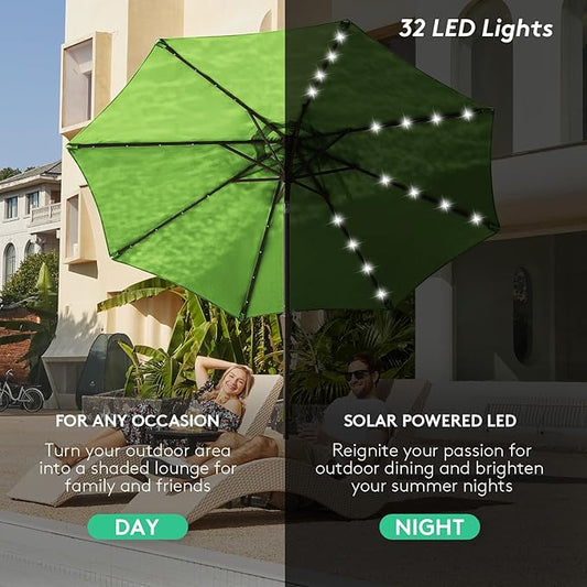 JEAREY 9FT Outdoor Patio Umbrella with Solar Lights, LED Lighted Pool Umbrella with Tilt and Crank, Outdoor Table Umbrellas for Deck, Yard & Market (Grass Green)