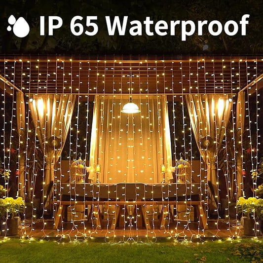 300LED Solar Curtain Lights USB & Solar Dual Powered 8 Modes Fairy Curtain String Lights Waterproof Twinkle Lights for Home Indoor Outdoor Use Garden Patio Gazebo (Warm White)