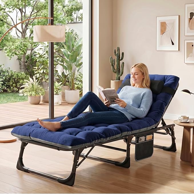 ABORON 3-in-1 Folding Patio Lounge Chair, 440LB Heavy-Duty Tri-Fold Guest Bed with Plush Cotton Cushion, No Assembly Adjustable Recliner for Office Nap, Patio Sunbathing, Poolside & Camping