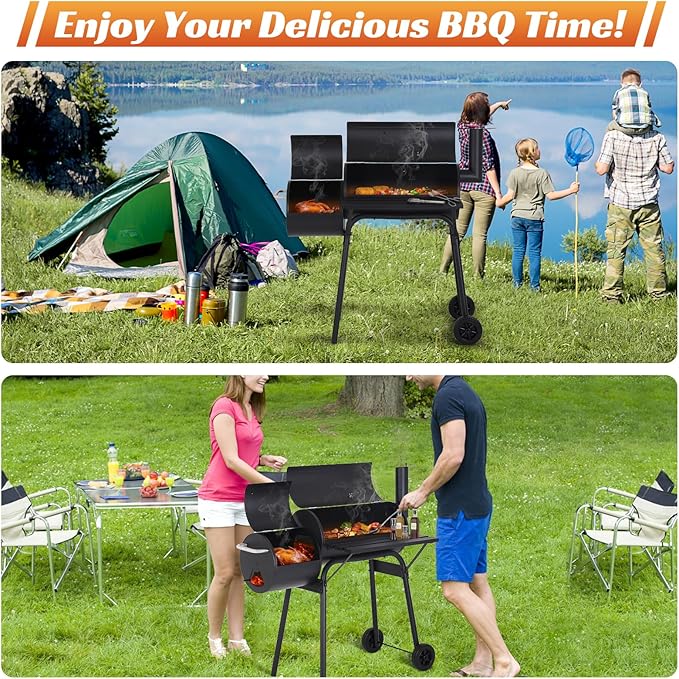 Charcoal Grill Outdoor BBQ Grill 43 Inch Portable Camping Grills with Offset Smoker & Pulleys for Picnics Parties Patio,Black