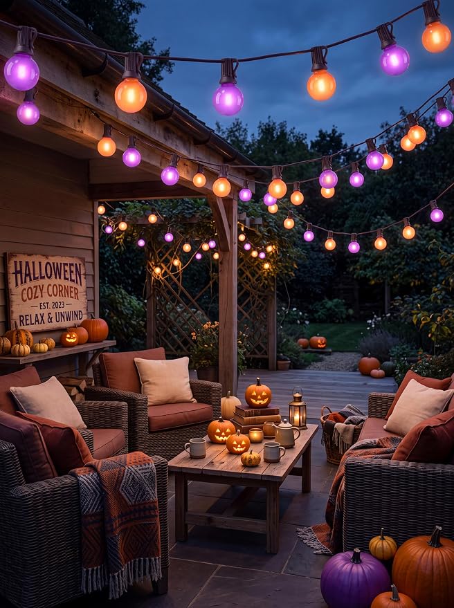 50FT G40 Halloween Orange and Purple Globe String Lights Outdoor Waterproof | Hanging Patio Light with 27 LED G40 Globe Bulbs, Plug in Outdoor Halloween Decorations Lights for Party Porch Garden Backyard
