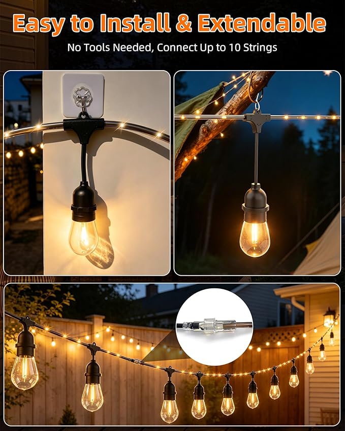 Outdoor String Lights With Lighted Tubing 48 ft, Commercial Grade String Lights with 16 (15+1spare) S14 Edison Bulbs & 144-LED Lighted Tubing, IP65 Waterproof Bistro Light for Patio, 2700K Warm White