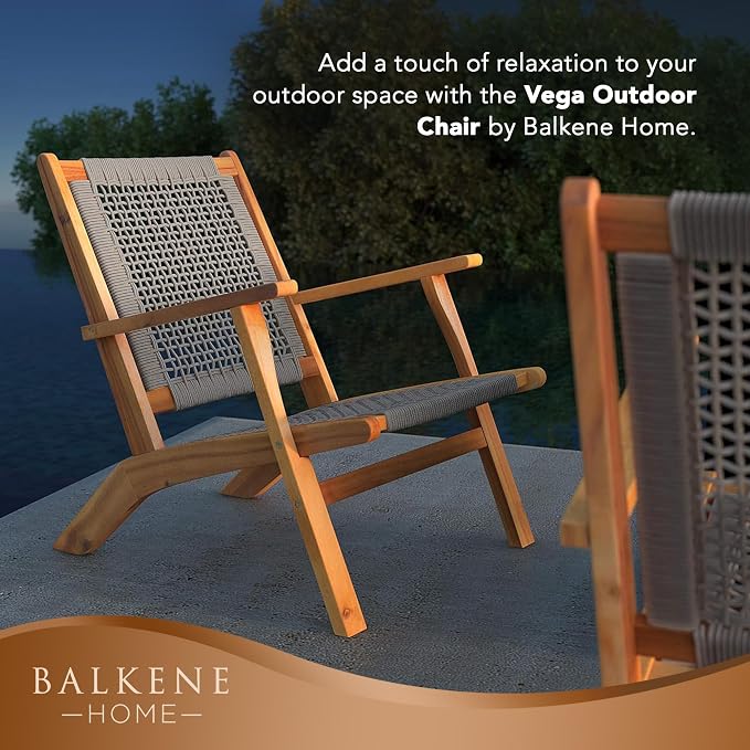Vega Acacia Wood Outdoor Reclining Chair, Navy Blue Web Seat | 63634 Mid Century Woven Web Seat, Weather Resistant Natural Stain Finish, Lounge Armchair for Patio, Deck, Garden, Lawn