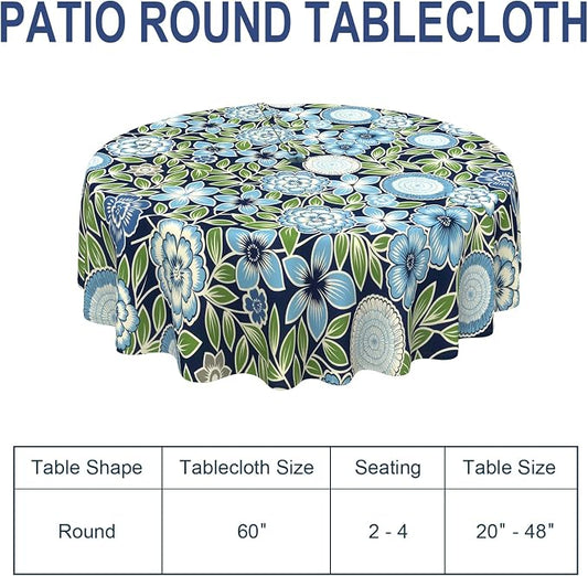 Outdoor/Indoor Round Tablecloth with Umbrella Hole Zipper, Decorative Circular Table Cover for Home Garden, 60 Inch, Azure Bloom