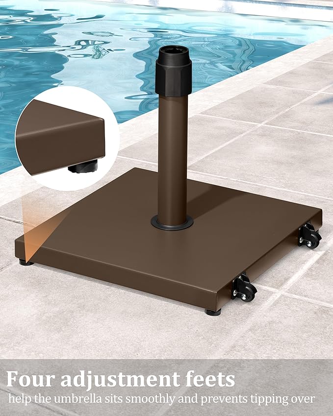 45lbs Patio Umbrella Base with Wheels - Heavy Duty Outdoor Patio Market Umbrella Stand for Deck with Rollers, Poolside, Balcony, Wind-Resistant Design, Brown