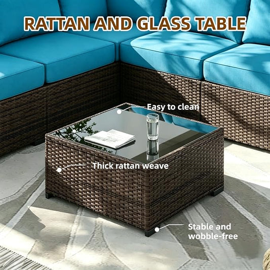MOCHITO 5 Pieces Outdoor Patio Furniture Sets, All-Weather Sectional Sofa Dark Brown PE Rattan Wicker Conversation Set with Glass Table and Washable Turkish Cushions for Backyard,Sunroom,Garden,Porch